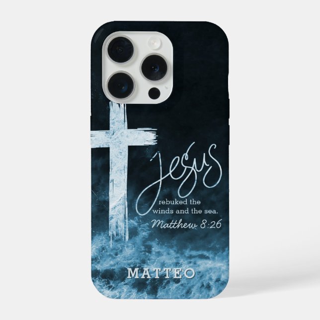 Cross on Water Dark Blue Scripture Personalized iPhone Hülle (Rückseite)