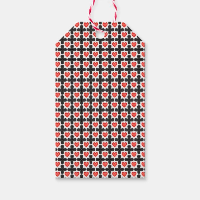 Cross Shaped Checkered Pattern with Red Hearts Geschenkanhänger (Vorderseite)
