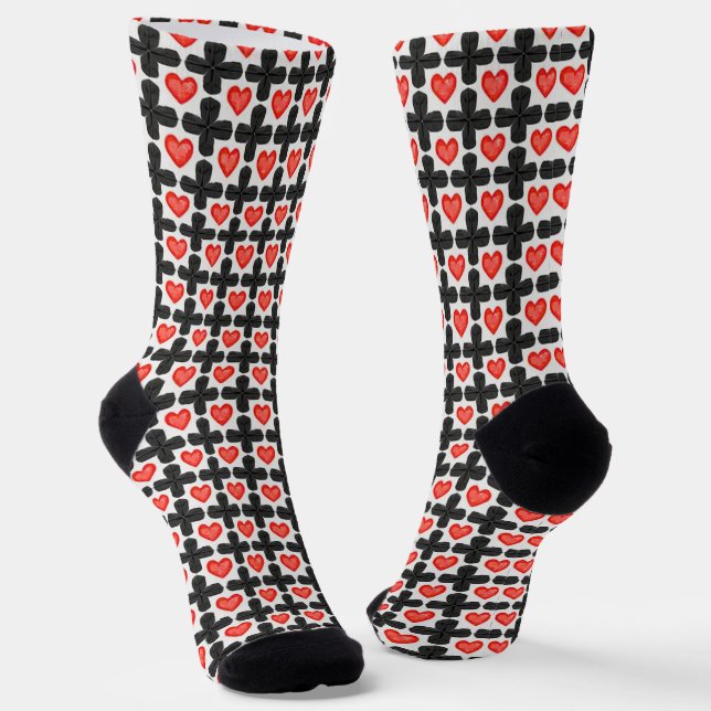 Cross Shaped Checkered Pattern with Red Hearts Socken (Gewinkelt)