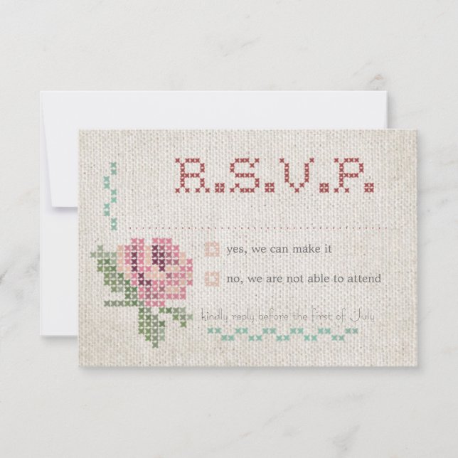 Cross-Stitch Antique Wedding RSVP Card Karte (Vorderseite)