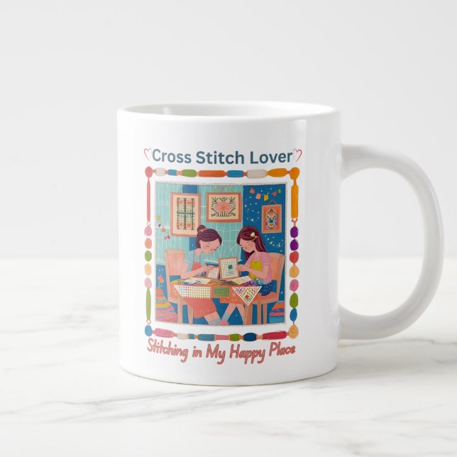 Cross Stitch Lover-Stitching in My Happy Place Jumbo-Tasse (Rechts)