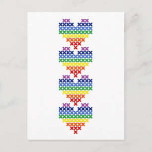 Cross stitched rainbow hearts postkarte