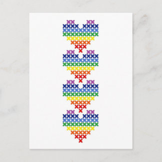 Cross stitched rainbow hearts postkarte