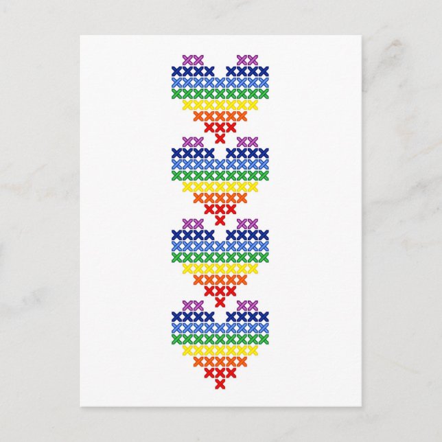 Cross stitched rainbow hearts postkarte (Vorderseite)