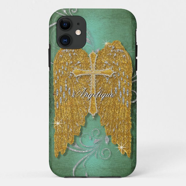 Cross w Glitzer Diamond Jewel Look Angel Wings Case-Mate iPhone Hülle (Rückseite)