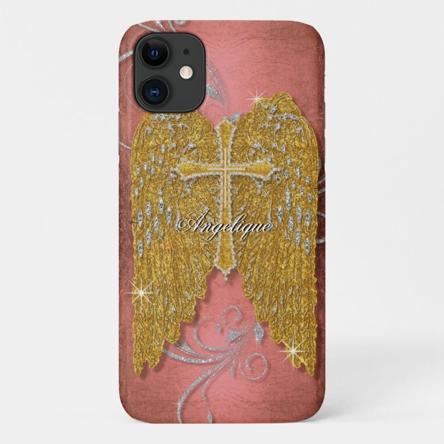 Cross w Gold Glitzer Diamond Jewel Angel Wings Case-Mate iPhone Hülle (Rückseite)