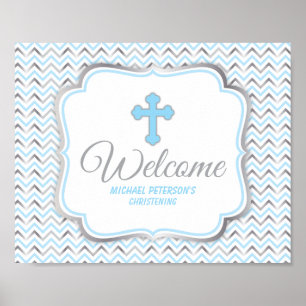 Cross Welcome Sign Blue & Silver Poster