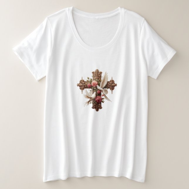 Cross with Doves - Christian Faith Inspirational D Große Größe T-Shirt (Design vorne)