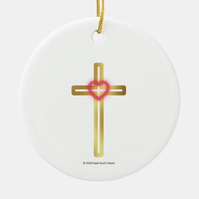 Cross with Heart in the Middle - round,  Keramik Ornament (Vorne)