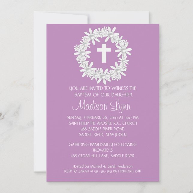 Cross-Wreath Baby Girl Taufe Einladung (Vorderseite)