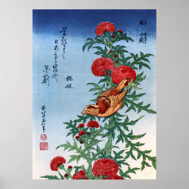 Crossbill auf einem Thistle, Hokusai Poster (Vorne)
