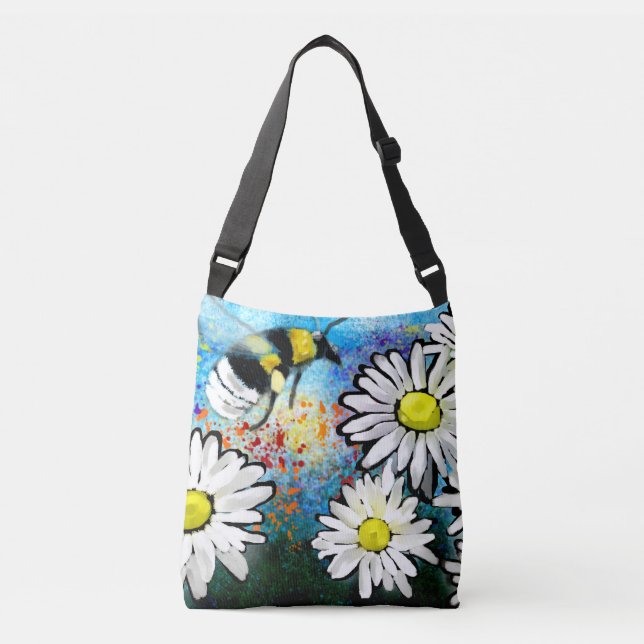 Crossbody Bag Purse - Whimsical Bee & Daisical Art Tragetaschen Mit Langen Trägern (Vorderseite)