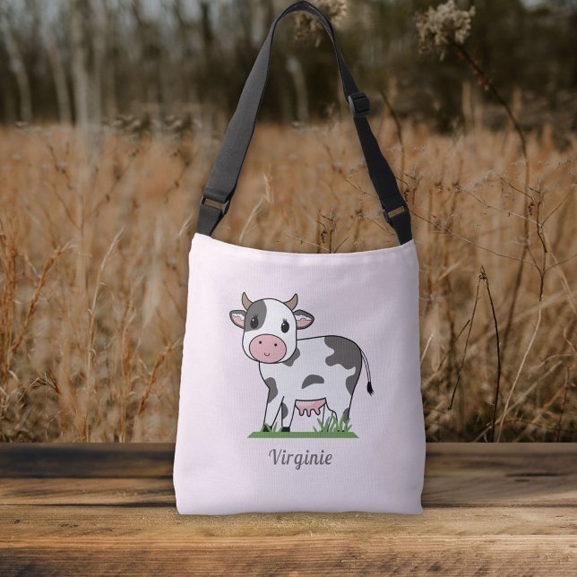 Crossbody pink Tote Beutel mit Niedlicher Kuh Tragetaschen Mit Langen Trägern (Crossbody pink Tote Bag with a Cute Cow)