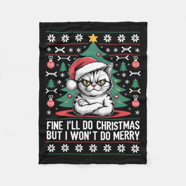 Crossed Arms Cat Funny Christmas Ugly Sweater Long Fleecedecke (Vorderseite)