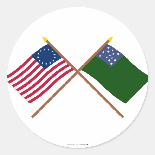 Crossed Betsy Ross und Green Mountain Boys Flags Runder Aufkleber (Vorderseite)