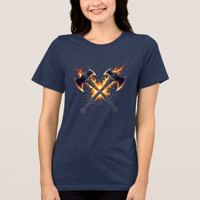 Crossed Fantasy Axes with Fiery Energy – Powerful  Tri-Blend Shirt (Vorderseite)