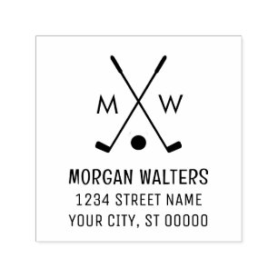 Crossed Golf Clubs Golf Ball Monogram Name Address Permastempel