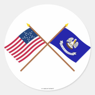 Crossed US 20-Sterne und Louisiana State Flags Runder Aufkleber