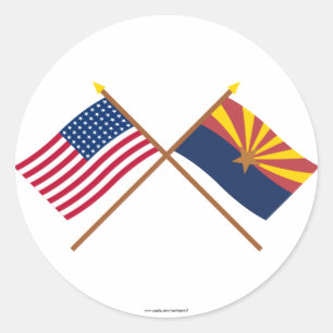 Crossed US 48-Sterne und Arizona State Flags Runder Aufkleber