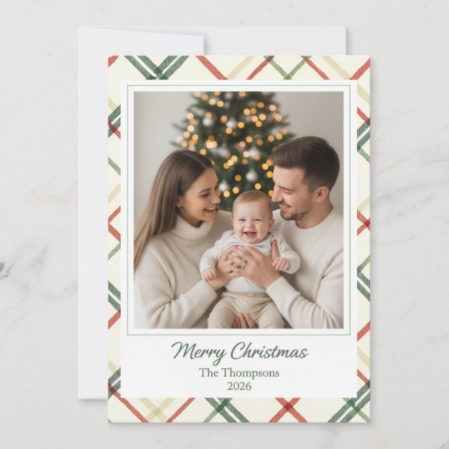 Crosshatch Plaid Custom Family Photo Christmas Karte (Vorderseite)