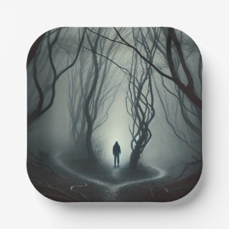 Crossroads in the Fog - Gloomy Forest Art Print Pappteller