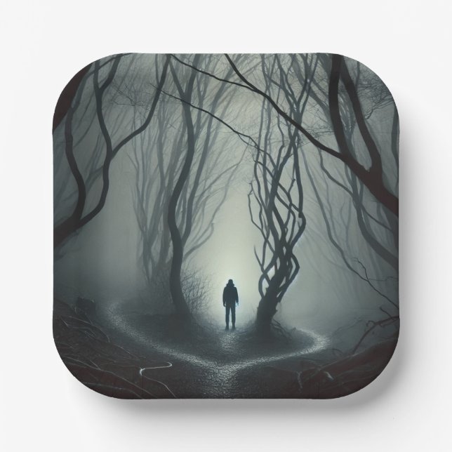 Crossroads in the Fog - Gloomy Forest Art Print Pappteller (Vorderseite)
