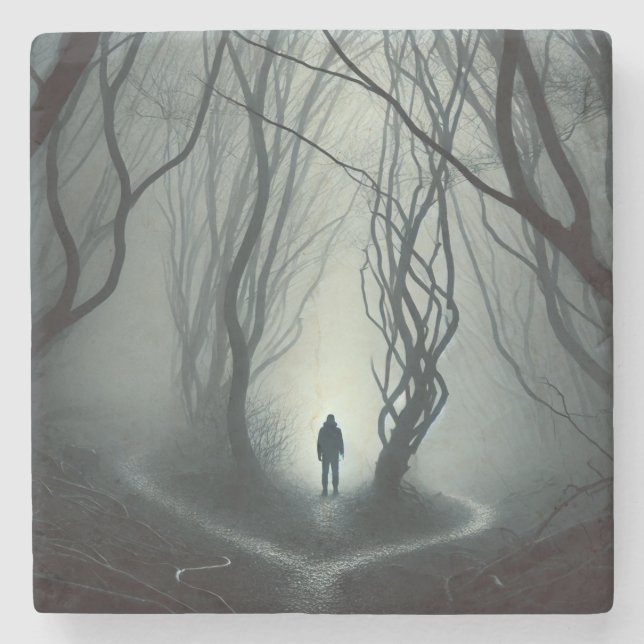 Crossroads in the Fog - Gloomy Forest Art Print Steinuntersetzer (Vorderseite)