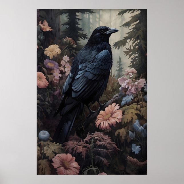 Crow And Flowers Vintage Poster, Dark Academia Poster (Vorne)