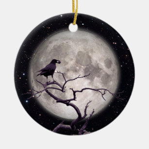 Crow and Moon, Crow Art, Raven, Gothic, Night Keramik Ornament