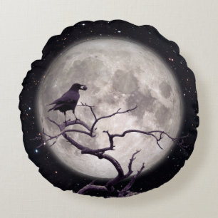 Crow and Moon, Crow Art, Raven, Gothic, Night Rundes Kissen