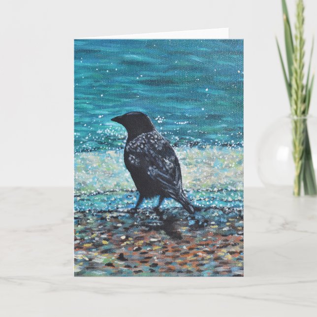 Crow auf der Strandmalerei Karte (Vorderseite)