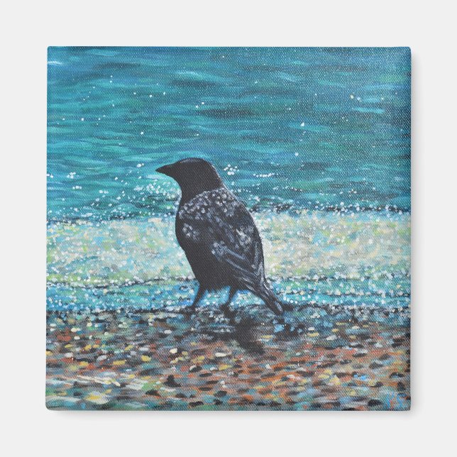 Crow auf der Strandmalerei Magnet (Vorne)