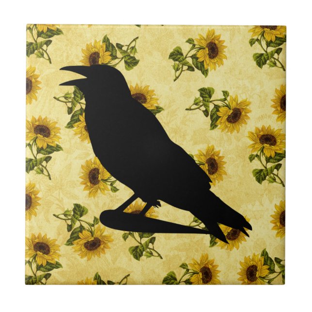 Crow auf Sonnenblumen Fliese (Vorderseite)