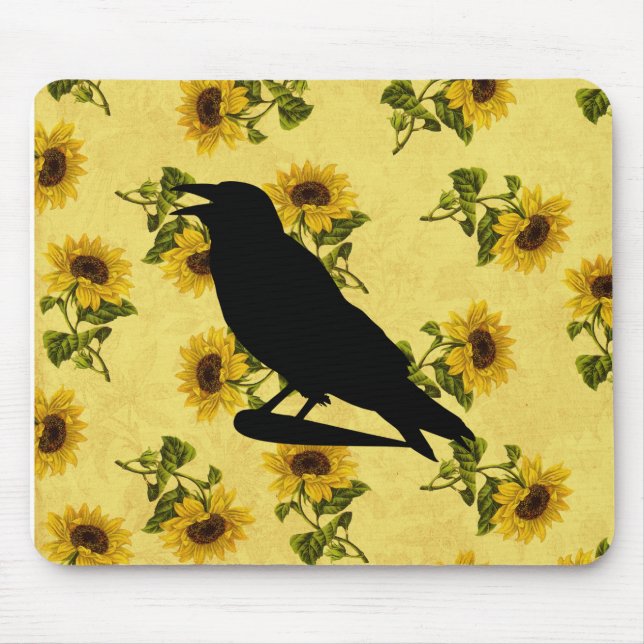 Crow auf Sonnenblumen Mousepad (Vorne)