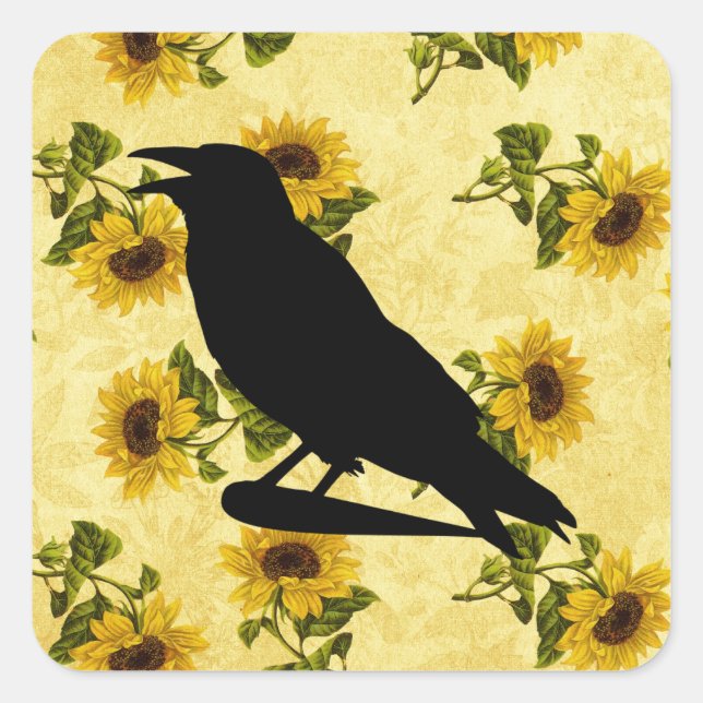 Crow auf Sonnenblumen Quadratischer Aufkleber (Vorderseite)