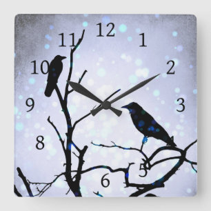 Crow Bird auf Tree Bird 94 lila Quadratische Wanduhr