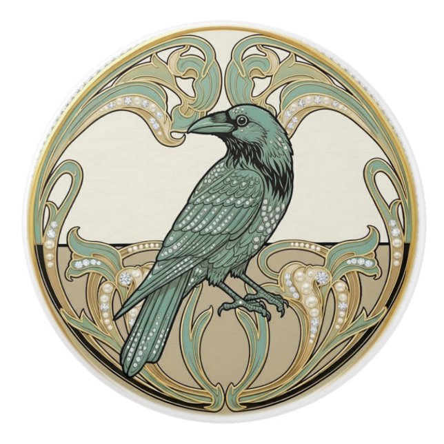 Crow Bird Sage Green & Gold Art Deco Nouveau Keramikknauf (Vorderseite)