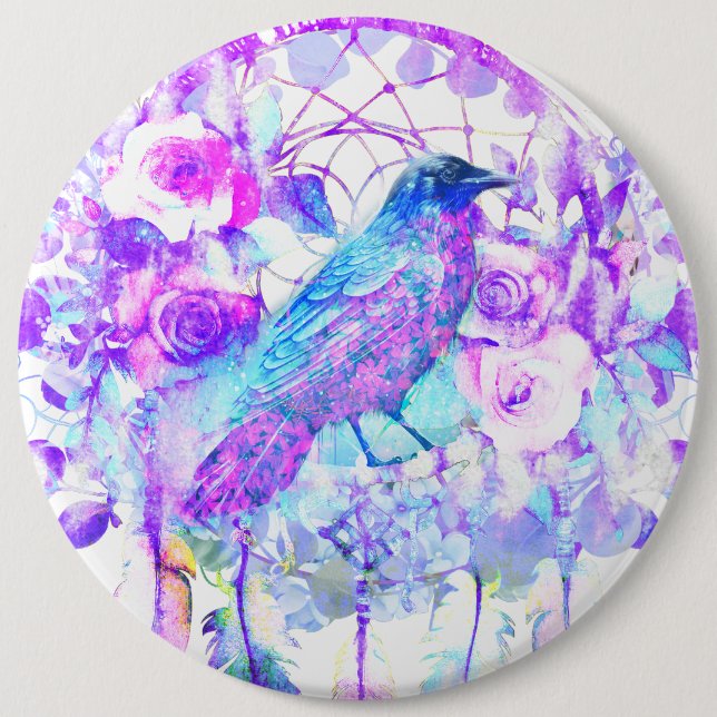 Crow Dreamcatcher Blue Lila Floral Button (Vorderseite)