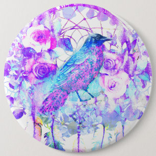 Crow Dreamcatcher Blue Lila Floral Button