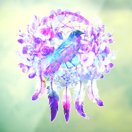Crow Dreamcatcher Blue Lila Floral Fensteraufkleber