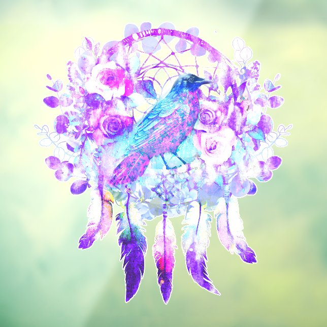 Crow Dreamcatcher Blue Lila Floral Fensteraufkleber (Blatt 3)
