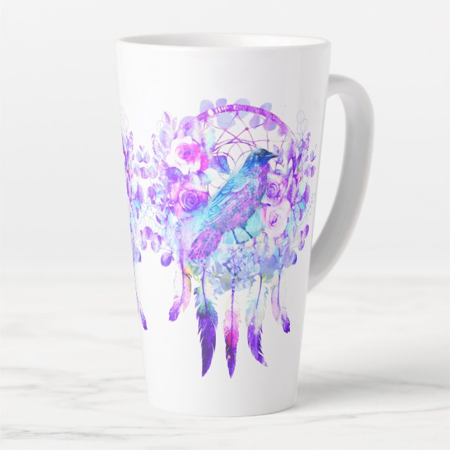 Crow Dreamcatcher Blue Lila Floral Milchtasse (Rechte Ecke)