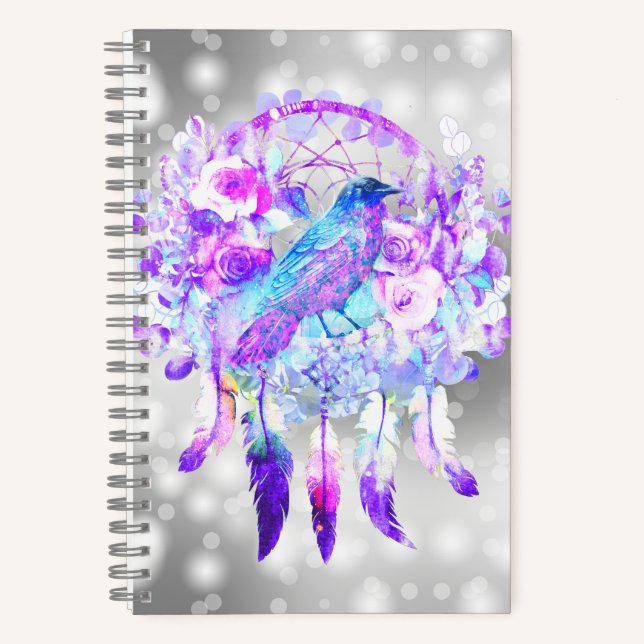 Crow Dreamcatcher Blue Lila Floral Notizbuch (Vorderseite)