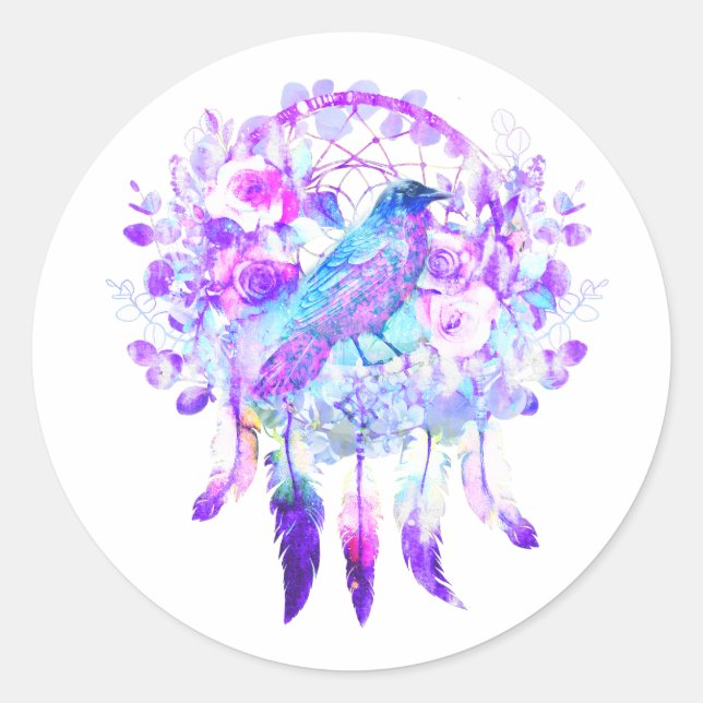 Crow Dreamcatcher Blue Lila Floral Runder Aufkleber (Vorderseite)