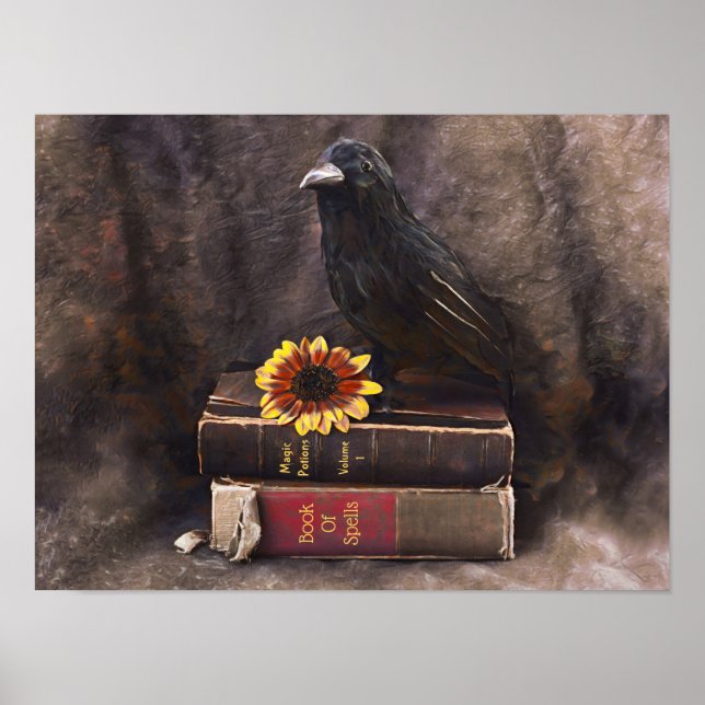 Crow Gothic Vintag Old Books Sonnenblume Poster (Vorne)