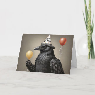 Crow hält gelben Ballon glücklicher Geburtshhat Karte