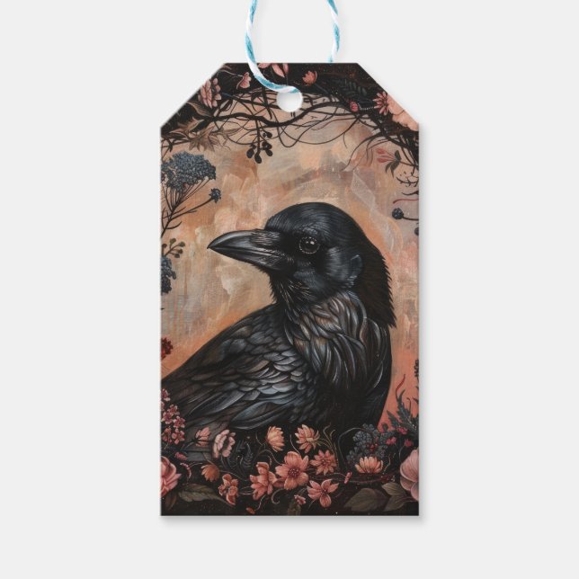 Crow "Hütte Core" Blumenland. Goth Geschenkanhänger (Vorderseite)