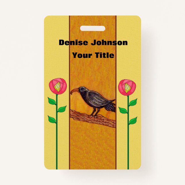 Crow mit zwei Abstrakten roten Blume auf den gelbe Ausweis (Vorderseite)