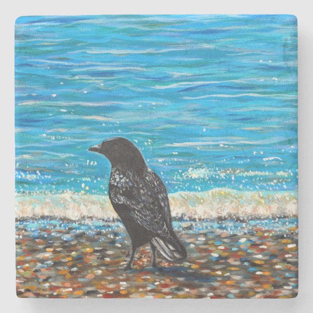 Crow on the Beach 3 Painting Steinuntersetzer (Vorderseite)