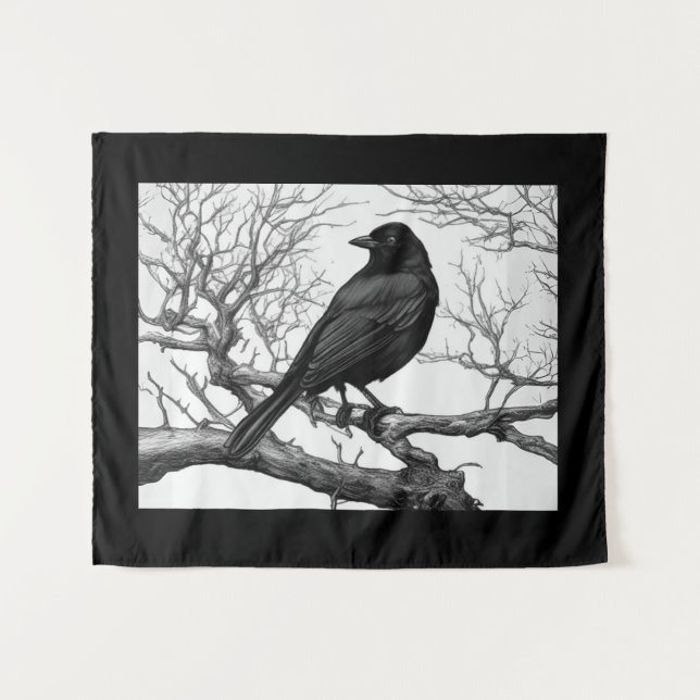 Crow Perched on Bare Winter Branches Wandteppich (Vorderseite (Horizontal))